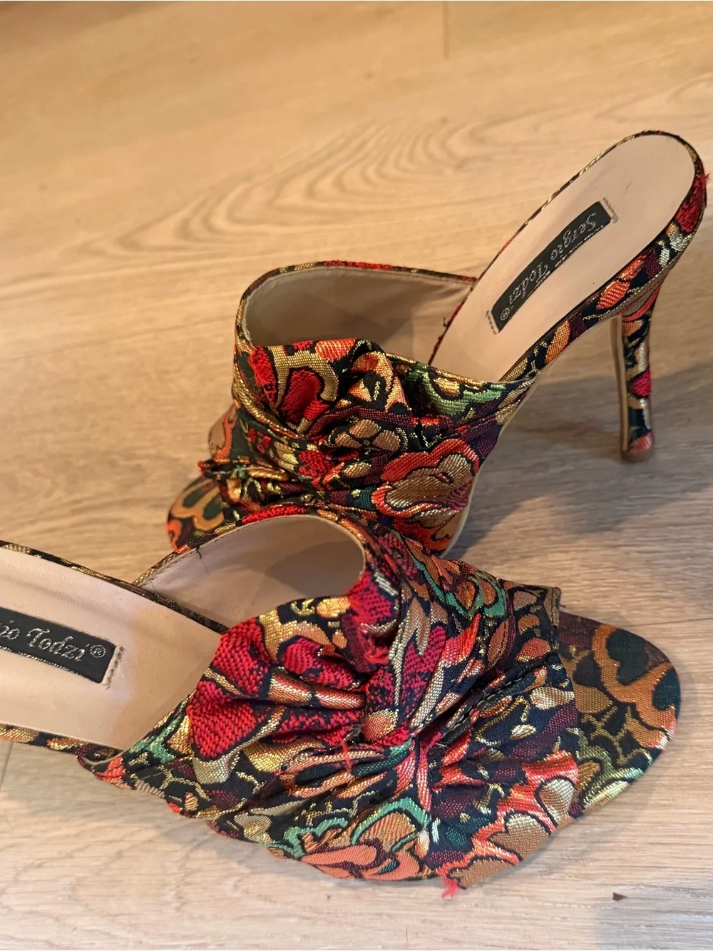 Sergio Todzi Red Floral Brocade open toe Mule Heels